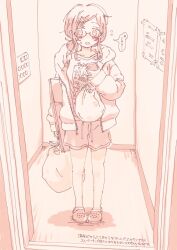 Rule 34 | 1girl, bag, blush, cellphone, commentary request, crocs, elevator, flying sweatdrops, full body, glasses, hair ornament, hairclip, highres, holding, hood, hooded jacket, jacket, long sleeves, looking at viewer, low ponytail, marrontorisu, mole, mole under mouth, monochrome, open clothes, open jacket, original, phone, ponytail, shirt, shoes, short ponytail, shorts, solo, standing, t-shirt, translation request, trash bag