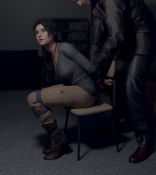 Rule 34 | 1boy, 1girl, 3d, arms behind back, bdsm, bondage, bound, bound ankles, bound legs, breasts, brown eyes, brown hair, chair, highres, jewelry, konstantin, lara croft, necklace, rope, sitting, skvrwiel, tied to chair, tomb raider