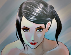 Rule 34 | 1girl, bare shoulders, black hair, lipstick, makeup, popon ta, portrait, purple eyes, solo, tekken, zafina, zafina (tekken)