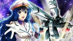 Rule 34 | 1girl, :d, blue eyes, blue hair, drill hair, game cg, gloves, hat, jacket, long hair, looking at viewer, lynn minmay, macross, mecha, military, military jacket, military uniform, novel illustration, official art, open mouth, outstretched arm, outstretched hand, peaked cap, reaching, robot, smile, solo, spacecraft, sparkle, uniform, upper body, uta macross sumaho deculture, very long hair, white gloves, white hat, white jacket, wing collar