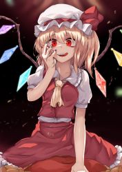 Rule 34 | 1girl, :q, absurdres, ascot, bad id, bad pixiv id, black background, black nails, blonde hair, commentary request, crystal, flandre scarlet, hair between eyes, hat, highres, huge filesize, looking at viewer, mob cap, nail polish, naughty face, puffy short sleeves, puffy sleeves, red eyes, red skirt, shirokaba114, short hair, short sleeves, side ponytail, skirt, solo, teeth, tongue, tongue out, touhou, white hat, wings, yellow ascot