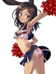 Rule 34 | 1girl, animal ears, arm up, armpits, ass, azur lane, blue skirt, bow, breasts, brown hair, rabbit ears, butt crack, cheering, cheerleader, clothes writing, collarbone, cowboy shot, crop top, crop top overhang, ear ribbon, from behind, highres, holding, holding pom poms, i-26 (azur lane), looking at viewer, looking back, macaroni hourensou, miniskirt, open mouth, orange eyes, panties, pleated skirt, pom pom (cheerleading), shirt, short hair, simple background, skirt, sleeveless, sleeveless shirt, small breasts, smile, solo, sweat, tan, tanline, underboob, underwear, white background, white panties