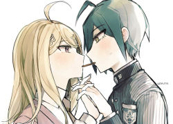 Rule 34 | 1boy, 1girl, ahoge, akamatsu kaede, artist name, bad id, bad twitter id, blonde hair, blouse, blush, brown eyes, collared shirt, commentary request, dalrye v3, danganronpa (series), danganronpa v3: killing harmony, food, fortissimo, from side, grey hair, hair ornament, hand up, holding hands, jacket, long hair, musical note, musical note hair ornament, necktie, pink sweater vest, pocky, pocky kiss, profile, saihara shuichi, shared food, shirt, simple background, striped clothes, striped jacket, sweatdrop, sweater vest, white background, white shirt