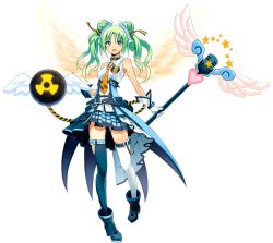 Rule 34 | 1girl, angel wings, blue eyes, boots, cyberstep, double bun, full body, green hair, long hair, official art, solo, thigh boots, thighhighs, transparent background, twintails, wand, wings