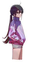 Rule 34 | 1girl, annoyed, brown eyes, brown hair, cowlick, cropped legs, flat chest, from side, frown, grey shorts, hands in pockets, highres, jacket, long hair, looking at viewer, low ponytail, modare, original, ponytail, short shorts, shorts, solo, track jacket, v-shaped eyebrows, very long hair