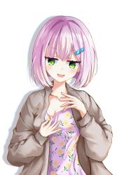 Rule 34 | 1girl, :d, absurdres, blush, bob cut, breasts, brown shirt, cleavage, collarbone, commentary, commentary request, crossed bangs, drop shadow, fang, floral print, green eyes, hair between eyes, hair ornament, hairclip, hands up, heart, heart in eye, highres, jitome, kanbara uji, long sleeves, looking at viewer, medium breasts, mesugaki, open mouth, pajamas, pajamas pull, pink hair, pink pajamas, pulled by self, shirt, short hair, simple background, smile, smug, solo, symbol in eye, tanikaze amane, tenshi souzou re-boot!, upper body, white background