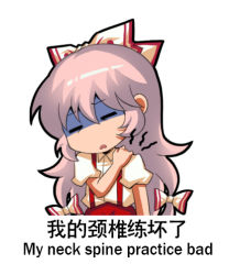 Rule 34 | 1girl, animal, bilingual, bow, chibi, chinese commentary, chinese text, collared shirt, english text, engrish text, fujiwara no mokou, hair between eyes, hair bow, jokanhiyou, long hair, meme, mixed-language text, open mouth, ranguage, red eyes, shirt, short sleeves, solo, suspenders, touhou, translated, very long hair, white background