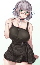Rule 34 | 1girl, absurdres, bare shoulders, blush, bow, braid, breasts, breath, camisole, casual, choker, cleavage, collarbone, curvy, french braid, glasses, green eyes, hair bow, hair ribbon, high-waist skirt, highres, hololive, huge breasts, looking at viewer, moisture (chichi), parted lips, plaid, plaid skirt, ribbon, shirogane noel, shirogane noel (casual), short hair, silver hair, simple background, sitting, skirt, solo, sweat, thick thighs, thighs, virtual youtuber, white background, wide hips