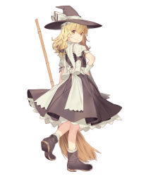 Rule 34 | 1girl, absurdres, apron, bamboo broom, black dress, black footwear, black vest, blonde hair, boots, bow, braid, broom, closed mouth, dress, fingerless gloves, full body, gloves, hair bow, hand on own hip, hat, highres, holding, holding broom, kirisame marisa, kitada mo, long hair, looking at viewer, looking back, puffy short sleeves, puffy sleeves, shirt, short sleeves, simple background, single braid, smile, solo, standing, standing on one leg, touhou, vest, waist apron, white background, white shirt, witch hat, yellow eyes