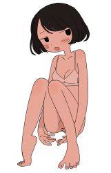 Rule 34 | 1girl, absurdres, barefoot, black eyes, black hair, blush, bottomless, bra, breasts, feet, female focus, highres, no pussy, open mouth, original, semi kon, short hair, simple background, sitting, small breasts, solo, toes, underwear, white background