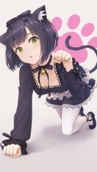Rule 34 | 1girl, :o, all fours, animal ear fluff, animal ears, bell, black bow, black choker, black dress, black footwear, black hair, bow, cat ears, cat girl, cat tail, choker, collarbone, dress, foreshortening, frilled sleeves, frills, full body, green eyes, grey background, hair bow, head tilt, highres, hyuuga azuri, jingle bell, lace trim, long sleeves, looking at viewer, mary janes, original, pantyhose, parted lips, paw pose, paw print, paw print background, ribbon choker, shadow, shoes, short hair, solo, tail, white pantyhose