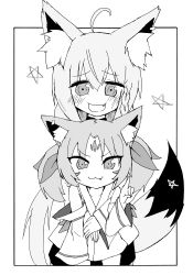 Rule 34 | 2girls, :3, absurdres, ahoge, animal ear fluff, animal ears, blush, border, braid, commentary request, detached sleeves, fang, fox ears, fox girl, fox shadow puppet, fox tail, greyscale, hair between eyes, highres, hololive, hug, hug from behind, long hair, looking at viewer, monochrome, multiple girls, open mouth, pentagram, personification, sasasa suns, shirakami fubuki, shirakami fubuki (1st costume), sidelocks, single braid, sukonbu (shirakami fubuki), tail, two side up, virtual youtuber
