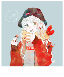 Rule 34 | 1girl, black hat, blue background, border, clothes writing, earrings, eating, english text, food, food-themed earrings, green eyes, hat, highres, holding, holding food, jacket, jewelry, long hair, long sleeves, nail polish, original, red jacket, red nails, ring, scarf, shirt, shrimp, simple background, sleeves past wrists, solo, speech bubble, sushi, upper body, white border, white hair, yellow scarf, ygk