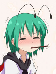 Rule 34 | 1girl, antennae, black cape, black skirt, blush, cape, cato (monocatienus), commentary, closed eyes, food, food in mouth, green hair, pocky, shirt, short hair, short sleeves, simple background, skirt, solo, sweatdrop, touhou, trembling, white shirt, wriggle nightbug