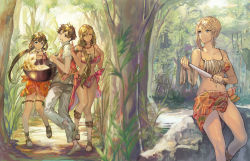 Rule 34 | 1boy, 3girls, ai fa, bandeau, blonde hair, blue eyes, braid, breasts, brown eyes, brown hair, cleavage, closed mouth, collarbone, cooking pot, cover image, dappled sunlight, day, eyebrows hidden by hair, forest, hair between eyes, hair ornament, hair over shoulder, hands up, highres, holding, holding cooking pot, holding weapon, isekai ryouridou, jewelry, jungle, kochimo, large breasts, left-handed, long hair, looking at another, looking away, low ponytail, medium breasts, midriff, multiple girls, nature, navel, necklace, novel illustration, official art, on rock, outdoors, photoshop (medium), reina ruu, rock, sandals, sarong, second-party source, siblings, sisters, sitting, sitting on rock, standing, standing on one leg, sunlight, textless version, thighs, toes, tsurumi asuta, very long hair, vina ruu, weapon