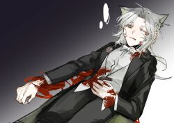 Rule 34 | 1girl, animal ear fluff, animal ears, arknights, black background, black jacket, black pants, blood, blood from mouth, blood on clothes, blood on face, blood on ground, bow, bowtie, cat ears, commentary, gradient background, green eyes, hashtag-only commentary, highres, jacket, kal&#039;tsit (arknights), long hair, looking at viewer, lying, molu stranger, on back, one eye closed, pants, parted lips, scar, scar on face, shirt, solo, tuxedo, vest, waistcoat, white background, white bow, white bowtie, white hair, white shirt, white vest