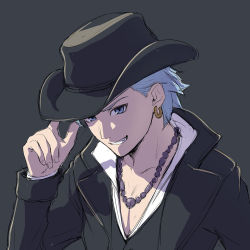 Rule 34 | 1boy, bad id, bad pixiv id, black hat, blue eyes, blue hair, camus (dq11), collarbone, commentary request, dragon quest, earrings, fang, formal, grey background, grin, hand on headwear, hand up, hat, hat tip, highres, jacket, jewelry, long sleeves, looking at viewer, male focus, mondi hl, necklace, shirt, simple background, smile, solo, suit, upper body, yaoi