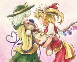 Rule 34 | 2girls, ascot, black hat, blonde hair, bow, flandre scarlet, green eyes, green hair, green skirt, hair ribbon, hat, hat bow, hat ribbon, heart, heart of string, kitsune maru, komeiji koishi, long sleeves, looking at another, mob cap, multiple girls, pout, profile, puffy short sleeves, puffy sleeves, red eyes, red skirt, ribbon, shirt, short hair, short sleeves, side ponytail, skirt, skirt set, stuffed animal, stuffed toy, teddy bear, third eye, touhou, vest, wide sleeves, wings, yellow bow, yellow shirt