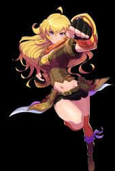Rule 34 | 1girl, absurdres, blonde hair, breasts, cleavage, fingerless gloves, gloves, highres, large breasts, legs, long hair, midriff, navel, punching, purple eyes, rwby, smile, solo, thighs, yang xiao long