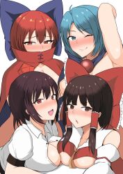 Rule 34 | 4girls, :d, ;q, absurdres, arm up, ascot, black hair, blue eyes, blue hair, blush, bow, breasts, brown eyes, button gap, cleavage, cloak, closed mouth, detached sleeves, hair bow, hair tubes, hakurei reimu, highres, kumoi ichirin, large breasts, looking at viewer, midarin, multiple girls, one eye closed, open mouth, purple bow, red bow, red eyes, red hair, sekibanki, shameimaru aya, short hair, short sleeves, sidelocks, simple background, smile, tongue, tongue out, touhou, upper body, white background, yellow ascot
