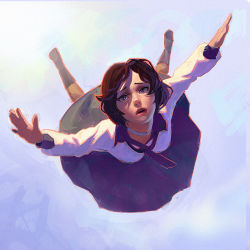 Rule 34 | 1girl, bioshock, bioshock (series), bioshock infinite, blouse, blue background, blue eyes, blue skirt, boots, brown hair, commentary, elizabeth (bioshock infinite), english commentary, falling, ilya kuvshinov, long hair, long sleeves, looking at viewer, neckerchief, parted lips, shirt, skirt, solo, white shirt