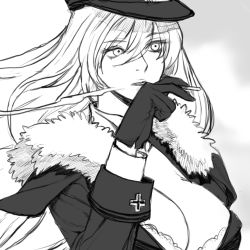 Rule 34 | 1girl, azur lane, bad id, bad pixiv id, breasts, cigarette, cleavage, gloves, graf zeppelin (azur lane), greyscale, hat, highres, long hair, looking away, military, military hat, military uniform, monochrome, radiocupcake, simple background, smoking, solo, uniform