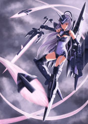 Rule 34 | 10s, 1girl, :i, absurdres, armor, arnval mk2 tempesta, bare shoulders, blurry, blush, breasts, busou shinki, cleavage, cloud, doll joints, elbow gloves, expressionless, eyebrows, female focus, flying, full body, gloves, gradient background, gun, headgear, highres, holding, holding sword, holding weapon, joints, knee up, kov, leg up, leotard, light purple hair, light smile, long hair, looking down, machinery, mecha musume, mechanical arms, mechanical legs, mechanical parts, mechanical wings, medium breasts, missile, navel, nose, pink eyes, purple eyes, purple hair, red eyes, screw, simple background, solo, sword, tempesta, thighhighs, tkfkid, very long hair, weapon, wings