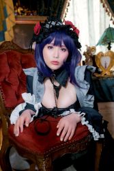 Rule 34 | 1girl, breasts, cosplay, female focus, headband, highres, japanese (nationality), large breasts, looking at viewer, model, photo (medium), purple hair, real life, shibuya kaho, sitting, solo, sono bisque doll wa koi wo suru, thighhighs, wig