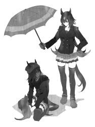 Rule 34 | 2girls, 68er, animal ears, beanie, breasts, breath, buttons, cat, closed mouth, double-breasted, ears through headwear, greyscale, hand on own hip, hat, highres, holding, holding umbrella, horse ears, horse girl, horse tail, jacket, kneeling, korean commentary, long hair, long sleeves, looking at another, medium breasts, mixed-language commentary, monochrome, multiple girls, nakayama festa (umamusume), rain, shadow, shoes, sirius symboli (umamusume), skirt, standing, tail, thighhighs, umamusume, umbrella