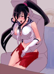 Rule 34 | 10s, 1boy, 1girl, admiral (kancolle), black hair, blush, grabbing another&#039;s breast, breast slip, breasts, fingering, fingering from behind, gloves, grabbing, grabbing from behind, hetero, kantai collection, large breasts, long hair, military, military uniform, miniskirt, naval uniform, navel, ninomiya hitomi, nipples, one breast out, open clothes, open mouth, open shirt, personification, ponytail, reach-around, red eyes, school uniform, serafuku, shirt, sitting, sitting on lap, sitting on person, skirt, smile, solo focus, torn clothes, uniform, yahagi (kancolle)