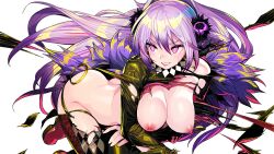 Rule 34 | 1girl, breasts, clenched teeth, dohna dohna issho ni warui koto o shiyou, exploding clothes, flower, fur trim, game cg, hair between eyes, hair flower, hair ornament, large breasts, long hair, nipples, o-ring, official art, onono imoko, purple eyes, purple flower, purple hair, shion (dohna dohna), solo, sweatdrop, teeth, torn clothes, transparent background, very long hair
