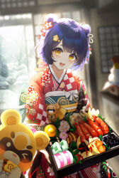 Rule 34 | 1girl, animal, blue hair, blurry, blurry background, commentary request, day, depth of field, double bun, floral print, flower, food, food focus, genshin impact, glowing, guoba (genshin impact), hair bun, hair flower, hair ornament, hairclip, happy new year, highres, holding, indoors, japanese clothes, kimono, looking at viewer, new year, obi, osechi, pistachiocream, print kimono, red flower, red kimono, sash, sidelocks, snow, solo, standing, window, xiangling (genshin impact), yellow eyes