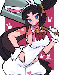 Rule 34 | 1girl, animal ears, ascot, axe, black hair, blue eyes, breasts, collared leotard, cosplay, fake animal ears, fate/grand order, fate (series), gloves, hacco mayu, hair bun, highleg, highleg leotard, highres, holding, holding axe, leotard, long hair, looking at viewer, medium breasts, paint splatter, parted bangs, paul bunyan (fate), paul bunyan (fate) (cosplay), paul bunyan (festival outfit) (fate), puffy shorts, rabbit ears, rabbit tail, shorts, side ponytail, sideboob, sidelocks, single side bun, solo, tail, ushiwakamaru (fate), very long hair, white gloves, white leotard