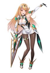 Rule 34 | 1girl, areola slip, arm up, armpits, blonde hair, blush, breasts, chest jewel, cleavage, cleavage cutout, clothing cutout, earrings, hair ornament, highres, jewelry, leaning forward, leaning on object, long hair, looking at viewer, matrix16, mythra (massive melee) (xenoblade), mythra (xenoblade), nintendo, open mouth, pantyhose, simple background, smile, swept bangs, sword, thigh strap, very long hair, weapon, white background, xenoblade chronicles (series), xenoblade chronicles 2, yellow eyes