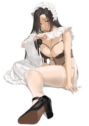 Rule 34 | 1girl, apron, apron lift, black bra, black hair, black panties, bra, breasts, cleavage, clothes lift, full body, grey eyes, high heels, highres, lace, lace-trimmed bra, lace trim, large breasts, lifting own clothes, lingerie, long hair, long sleeves, looking at viewer, maid, maid apron, maid headdress, martha (throtem), mary janes, nail polish, nearly naked apron, original, panties, red nails, shoe soles, shoes, sitting, solo, thighhighs, throtem, underwear, underwear only, white thighhighs