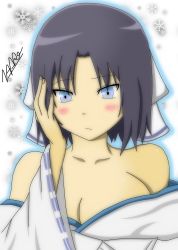 Rule 34 | 1girl, black hair, blue eyes, blush, bow, breasts, cleavage, collarbone, hair bow, hand on own cheek, hand on own face, highres, japanese clothes, kimono, large breasts, long sleeves, looking at viewer, naaro ageha, off shoulder, senran kagura, short hair, snowflakes, standing, upper body, white background, white kimono, wide sleeves, yumi (senran kagura)