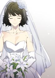 Rule 34 | 10s, 1girl, bare shoulders, bouquet, bridal veil, bride, brown hair, collarbone, cowboy shot, dress, closed eyes, flower, gloves, hair flower, hair ornament, image sample, jewelry, kawakami sadayo, lily (flower), necklace, pearl necklace, persona, persona 5, rose, short hair, smile, solo, strapless, strapless dress, twitter sample, veil, wedding dress, white dress, white flower, white gloves, white rose