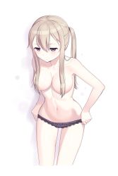 Rule 34 | 10s, 1girl, bad id, bad pixiv id, blonde hair, blush, bow, bow panties, braid, breasts, cnm, collarbone, cropped legs, dressing, expressionless, female focus, gradient background, graf zeppelin (kancolle), hair between eyes, hair censor, hair over breasts, kantai collection, lace, lace-trimmed panties, lace trim, long hair, lowleg, lowleg panties, medium breasts, navel, panties, purple eyes, purple panties, sidelocks, simple background, solo, standing, topless, twintails, underwear, underwear only, white background
