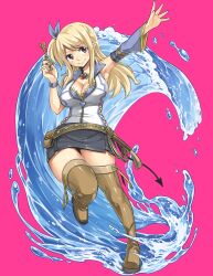 Rule 34 | 1girl, black skirt, blonde hair, blue bow, blue jacket, blue sleeves, boots, bow, breasts, brown eyes, brown footwear, cleavage, collared jacket, crossover, detached sleeves, fairy tail, gate of nightmares, hair bow, highres, holding, holding key, jacket, jewelry, key, large breasts, long hair, looking at viewer, lucy heartfilia, mashima hiro, miniskirt, multicolored clothes, multicolored jacket, necklace, official art, side ponytail, simple background, single sleeve, skirt, sleeveless, sleeveless jacket, smile, solo, thigh boots, transparent background, two-tone jacket, water, waves, white jacket