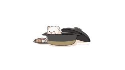 Rule 34 | :3, animal, animal focus, artist name, black eyes, blush stickers, dog, fluffy, food, fuwa fuwa dog, in container, in food, in pot, lid, nabe, no humans, open mouth, original, shadow, simple background, solid circle eyes, solo, twitter username, white background