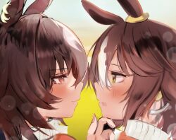 Rule 34 | 2girls, animal ears, blush, brown hair, closed mouth, ear ornament, earrings, gradient background, hand on another&#039;s chin, horse ears, horse girl, inaba (usanopo), jacket, jewelry, multicolored hair, multiple girls, red eyes, sirius symboli (umamusume), streaked hair, tracen training uniform, track jacket, umamusume, umayuru, vodka (umamusume), white hair, yellow eyes, yuri