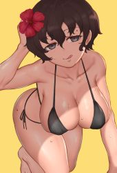 Rule 34 | 1girl, :q, akaboshi koume, arm support, barefoot, bikini, black bikini, blue eyes, breasts, brown hair, cleavage, closed mouth, commentary, flower, girls und panzer, hair flower, hair ornament, half-closed eyes, halterneck, hand on own head, hibiscus, highres, kneeling, large breasts, leaning forward, licking lips, looking at viewer, red flower, short hair, side-tie bikini bottom, simple background, skindentation, smile, solo, sweat, swimsuit, takefu jiin, tongue, tongue out, wavy hair, yellow background
