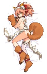 Rule 34 | 1girl, animal ears, animal hands, bed sheet, breasts, eyebrows, fate/grand order, fate (series), fox ears, fox tail, gloves, hair ornament, large breasts, looking at viewer, lying, maid headdress, paw gloves, paw shoes, pink hair, ponytail, shoes, short hair, single thighhigh, solo, tail, tamamo (fate), tamamo cat (fate), tamamo cat (third ascension) (fate), tamamo no mae (fate/extra), thighhighs, white thighhighs, yellow eyes, yurizuka (sergeant heart)