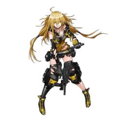 Rule 34 | 1girl, ahoge, belt, black gloves, black skirt, blonde hair, blush, boots, breasts, cropped vest, cross-laced footwear, elbow gloves, elbow pads, fishnets, full body, girls&#039; frontline, gloves, gun, hair between eyes, holding, holding gun, holding magazine (weapon), holding weapon, hood, hood down, hooded vest, hoodie, infukun, knee pads, lace-up boots, legs apart, long hair, looking at viewer, machine pistol, magazine (weapon), medium breasts, minebea pm-9, miniskirt, official art, pm-9 (girls&#039; frontline), scrape, simple background, single elbow glove, single elbow pad, single thighhigh, skirt, solo, standing, strapless, submachine gun, thigh strap, thighhighs, torn clothes, torn gloves, torn skirt, torn thighhighs, torn vest, transparent background, trigger discipline, tube top, vest, weapon, wedge heels, yellow eyes, yellow footwear, yellow gloves