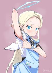 Rule 34 | 1girl, angel wings, apron, armpits, blonde hair, blue archive, blue eyes, bow, bowtie, forehead, halo, highres, hizikit, long hair, presenting armpit, purple background, school uniform, signature, simple background, solo, sora (blue archive), sweatdrop, twitter username, very long hair, wings