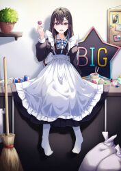Rule 34 | 1girl, absurdres, alternate costume, apron, black dress, black hair, blue bow, bow, broom, can, candy, chopsticks, dress, energy drink, enmaided, food, frilled apron, frills, hair between eyes, hair ornament, hairclip, highres, ichinose uruha, instant ramen, lollipop, long hair, long sleeves, looking at viewer, maid, maid apron, nissin cup noodle, pantyhose, photo (object), plant, plastic bottle, potted plant, puffy long sleeves, puffy sleeves, purple eyes, red bull, ryo-taso, sitting, solo, star (symbol), trash bag, virtual youtuber, vspo!, white apron, white pantyhose