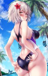 Rule 34 | absurdres, adjusting clothes, adjusting swimsuit, ahoge, alternate costume, ass, back, blue butterfly, blue sky, blush, breasts, bug, butt crack, butterfly, closed mouth, cloud, cloudy sky, cowboy shot, day, dutch angle, fate/grand order, fate (series), flower, frown, grey hair, hair flower, hair ornament, hibiscus, highres, horizon, insect, jeanne d&#039;arc (fate), jeanne d&#039;arc alter (avenger) (fate), jeanne d&#039;arc alter (fate), looking at viewer, looking back, marisasu (marisa0904), medium breasts, mole, mole on thigh, nail polish, ocean, one-piece swimsuit, palm tree, red flower, red nails, school swimsuit, short hair, shoulder blades, sidelocks, sky, solo, standing, swimsuit, thighs, tree, wet, yellow eyes
