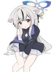 Rule 34 | 1girl, 7ben9i, absurdres, animal ears, black dress, black jacket, blue archive, blue halo, blush, dress, feet out of frame, grey hair, halo, highres, jacket, kokona (blue archive), long hair, long sleeves, looking at viewer, open clothes, open jacket, open mouth, orange eyes, simple background, sleeveless, sleeveless dress, solo, striped clothes, striped dress, striped jacket, tiger ears, vertical-striped clothes, vertical-striped dress, vertical-striped jacket, white background