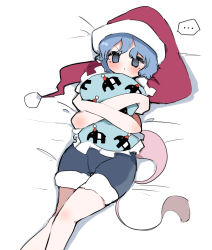 Rule 34 | ..., 1girl, absurdres, blue eyes, blue hair, blush, doremy sweet, hat, highres, holding, holding pillow, legs together, looking at viewer, lying, on back, on bed, pillow, shorts, solo, spoken ellipsis, tail, takeyasu510, tapir tail, touhou, v-shaped eyebrows