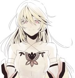 Rule 34 | 1girl, bare shoulders, blonde hair, breasts, detached sleeves, long hair, milla (fractured), monochrome, pink eyes, simple background, smile, solo, tales of (series), tales of xillia, tales of xillia 2